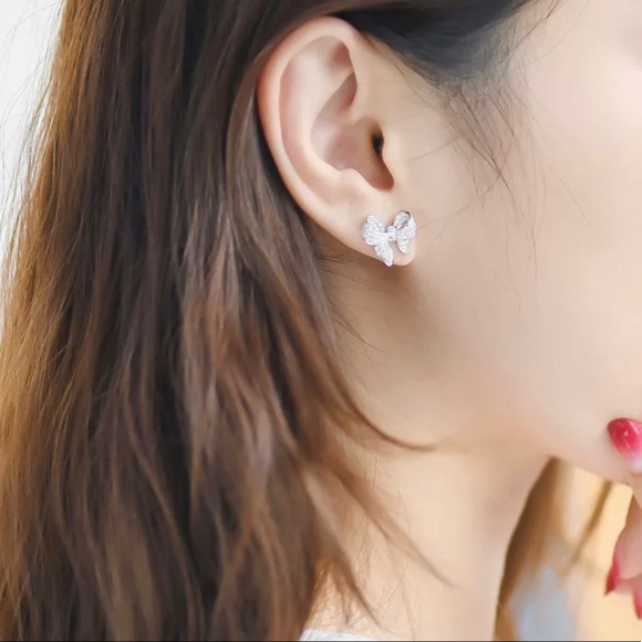 925 Sterling Silver CZ Bow Studs - Picture 3 of 6